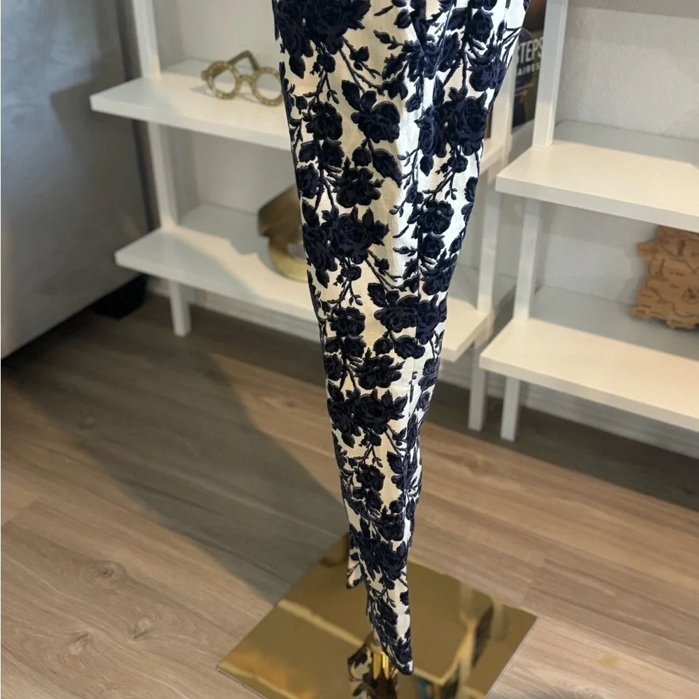 Tory Burch Floral Velvet Burnout Trousers Navy Cream Devore Slim Leg Pants
